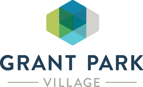 A logo with a hexagonal shape and the words "Grant Park Village" below it.